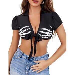 Women Black Lingerie Crop Top Tie up Shrug Cosplay Shirt Short Sleeve Cardigan